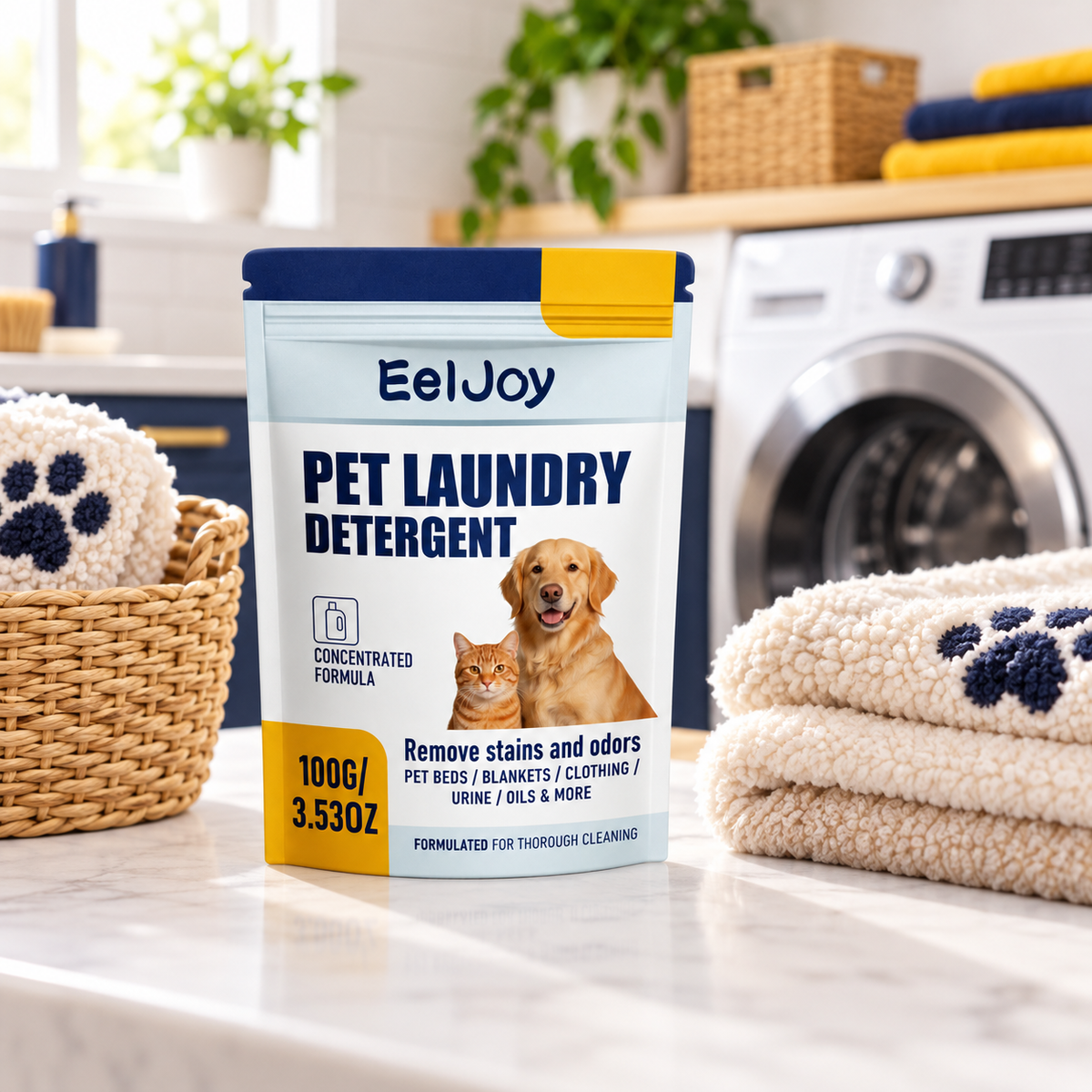 EelJoy Pet Laundry Detergent in a bright home laundry room