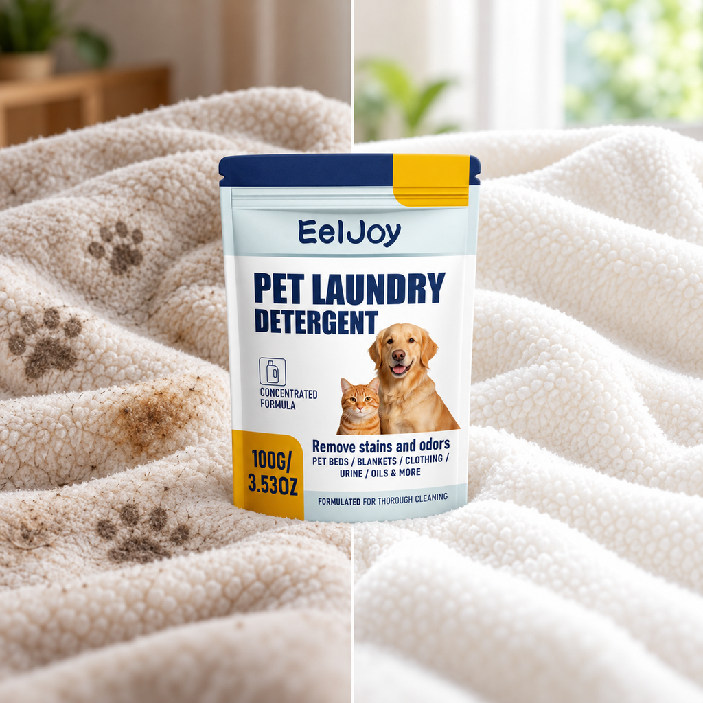 EelJoy detergent before and after pet blanket cleaning concept