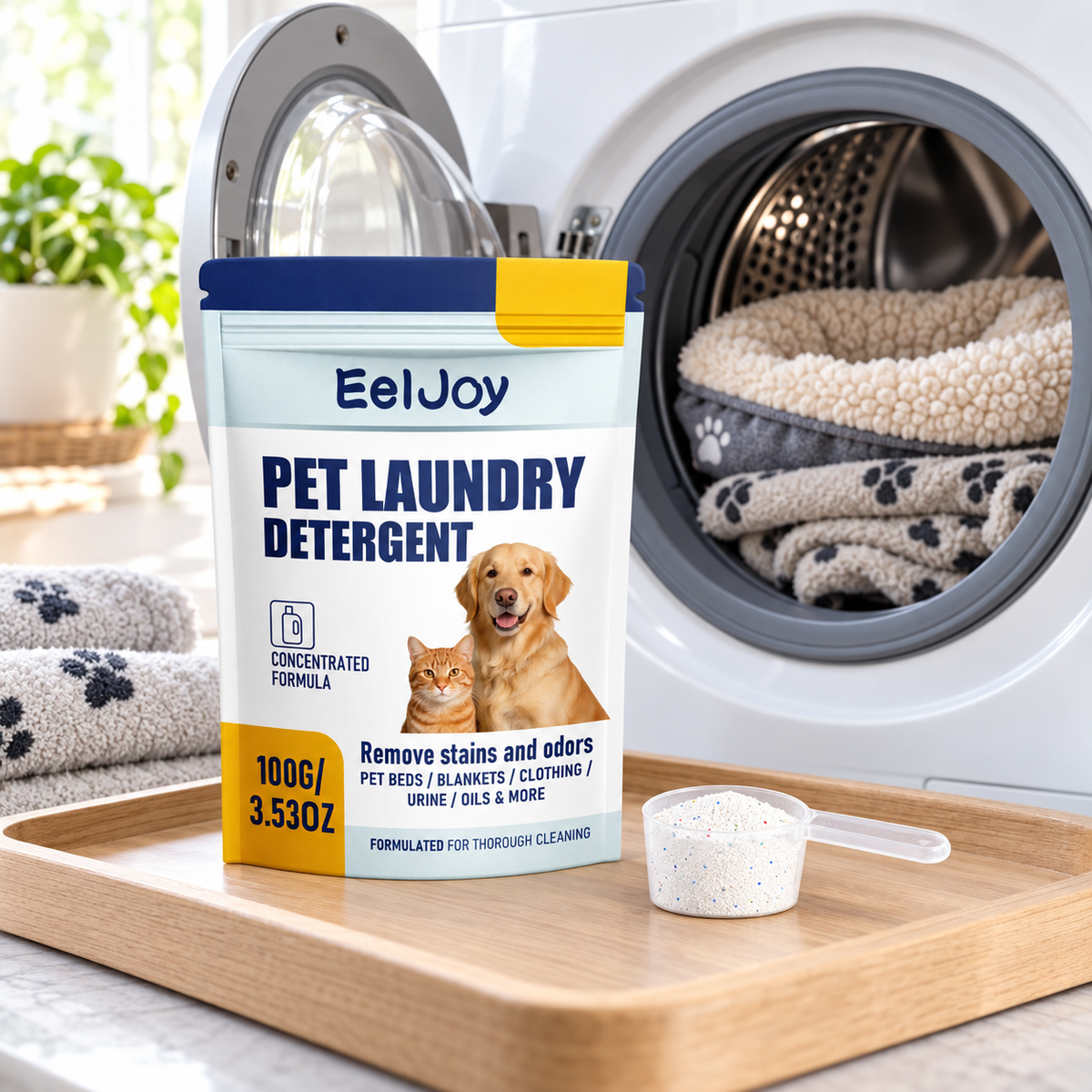 EelJoy detergent beside a washing machine with washable pet bedding