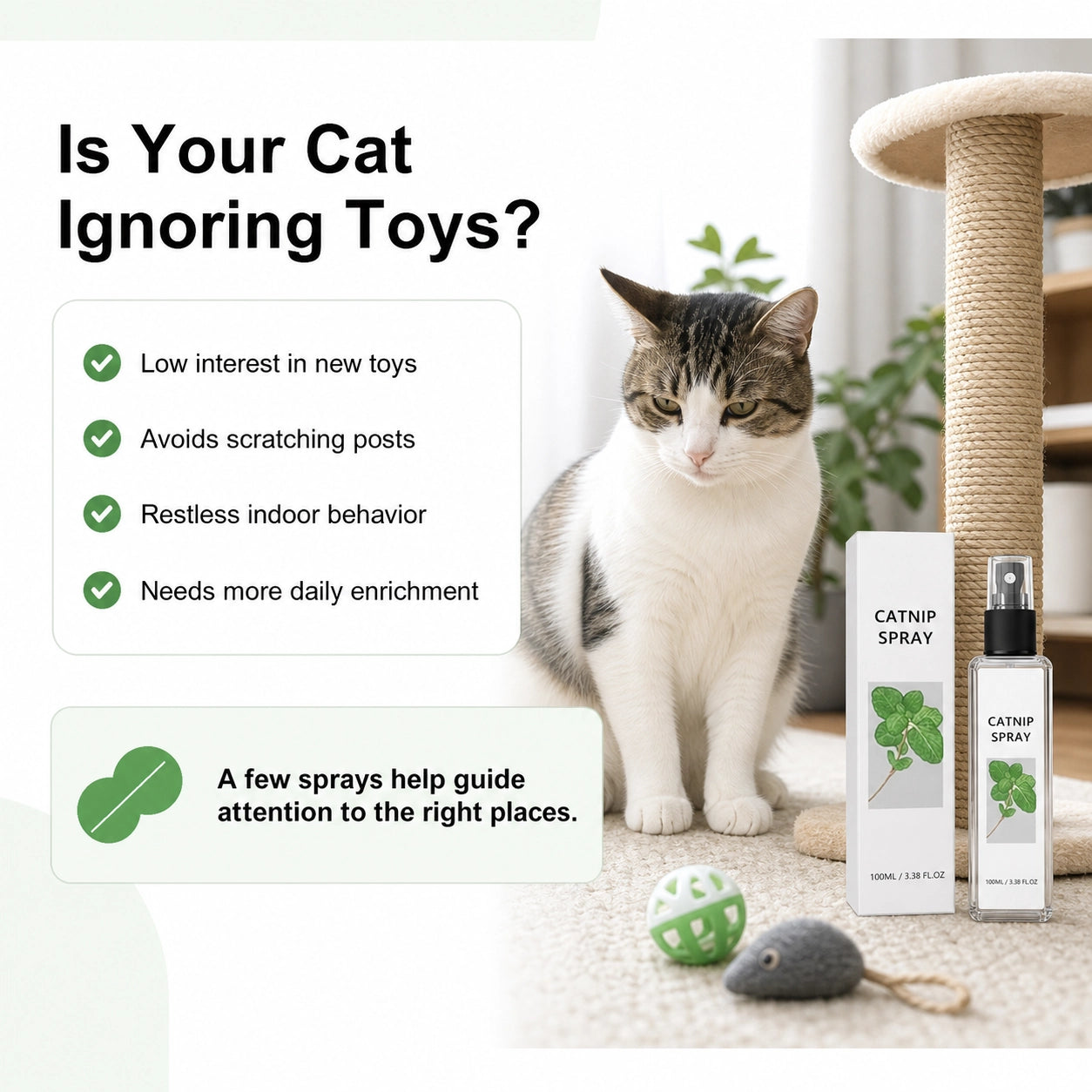 Catnip spray for cats calming toy attractant benefit image