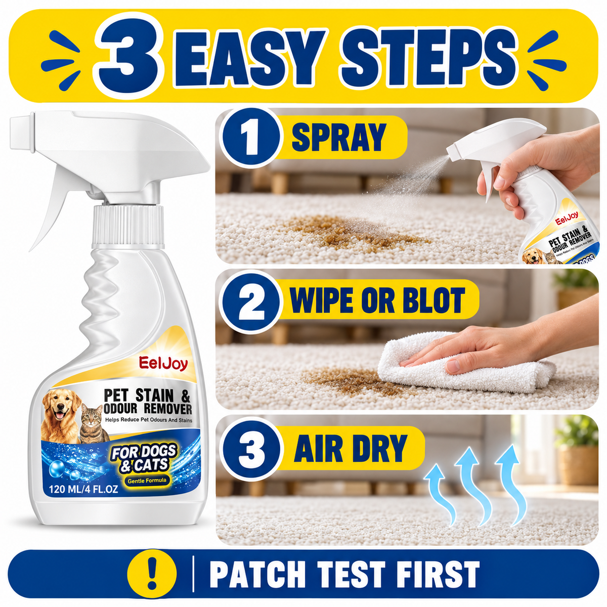 Three steps to use EelJoy pet stain and odour remover