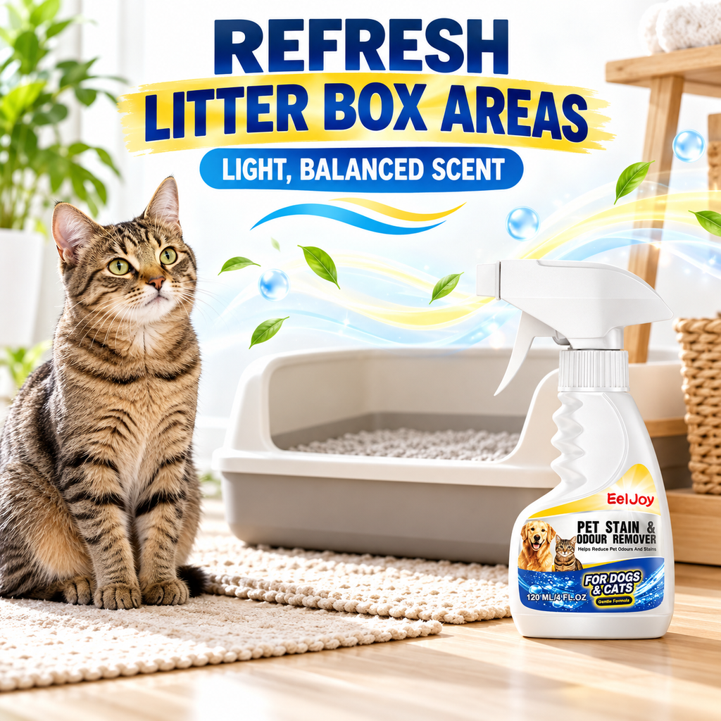 EelJoy pet odour remover beside a clean litter box area