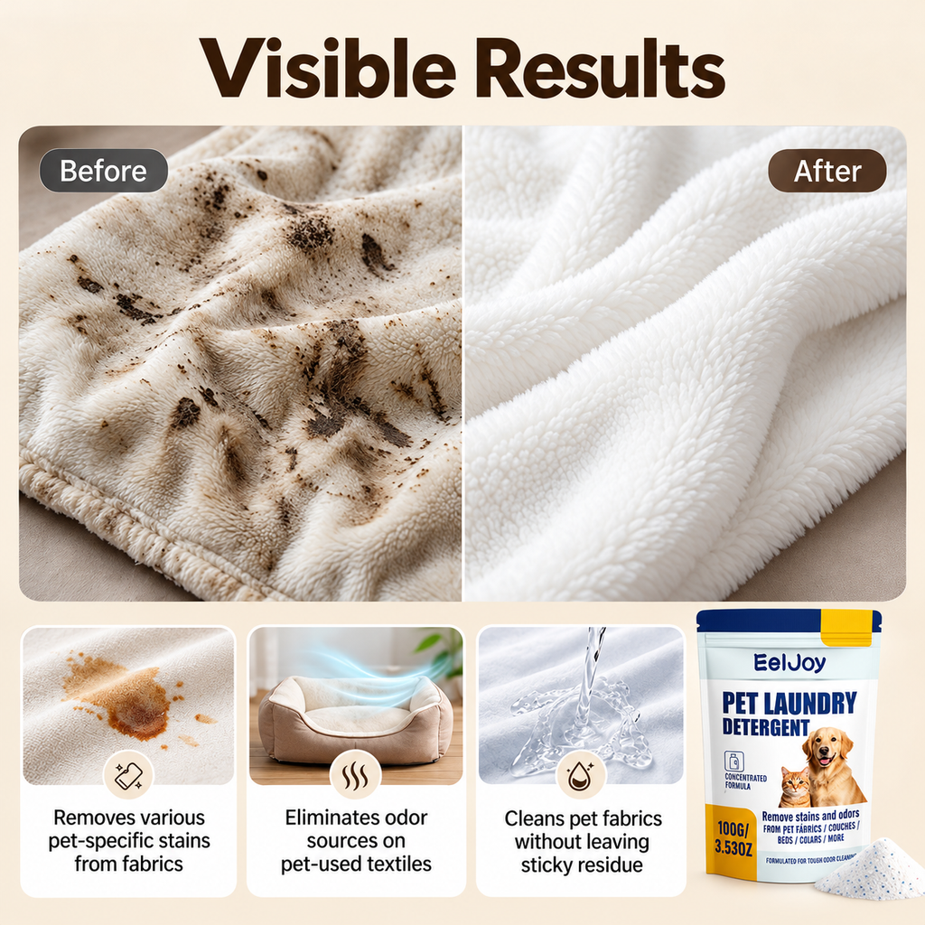 EelJoy Pet Laundry Detergent visible results before and after pet blanket cleaning