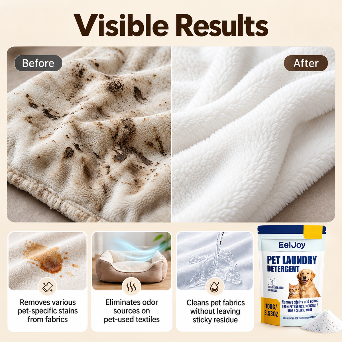 EelJoy Pet Laundry Detergent visible results before and after pet blanket cleaning