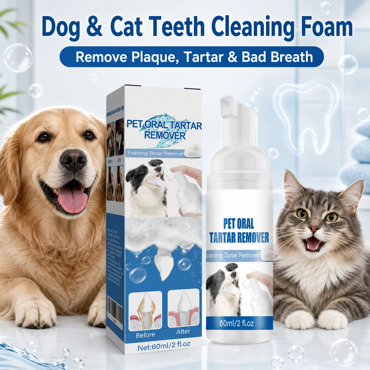 Dog and cat teeth cleaning foam for tartar product packaging image