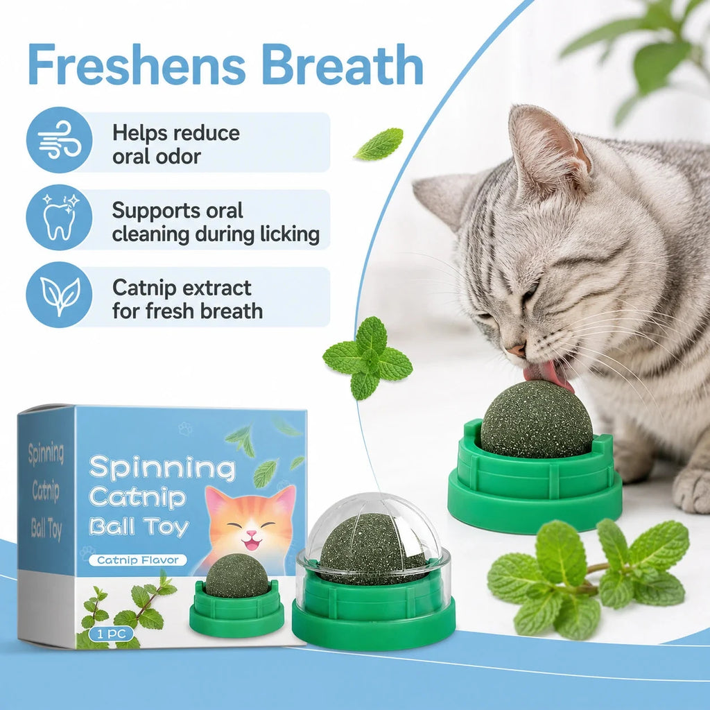 Cat licking a mint-flavored catnip ball toy with product packaging