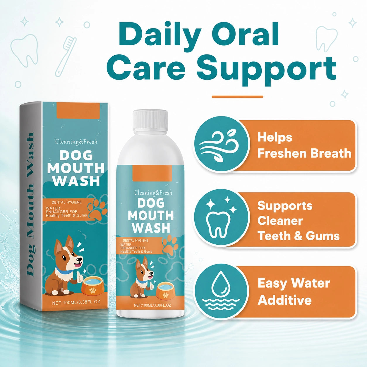 Dog dental water additive for bad breath and tartar control usage image