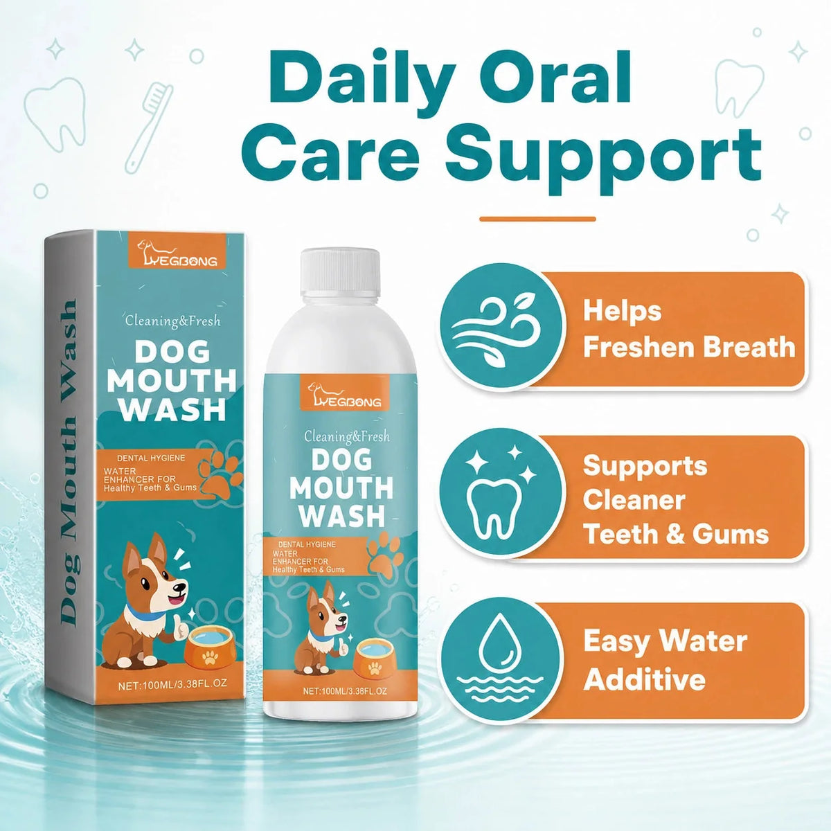 Dog dental water additive benefits for fresh breath and daily oral care