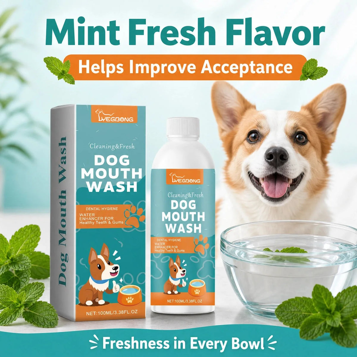 Mint-flavored dog dental water additive beside a drinking bowl
