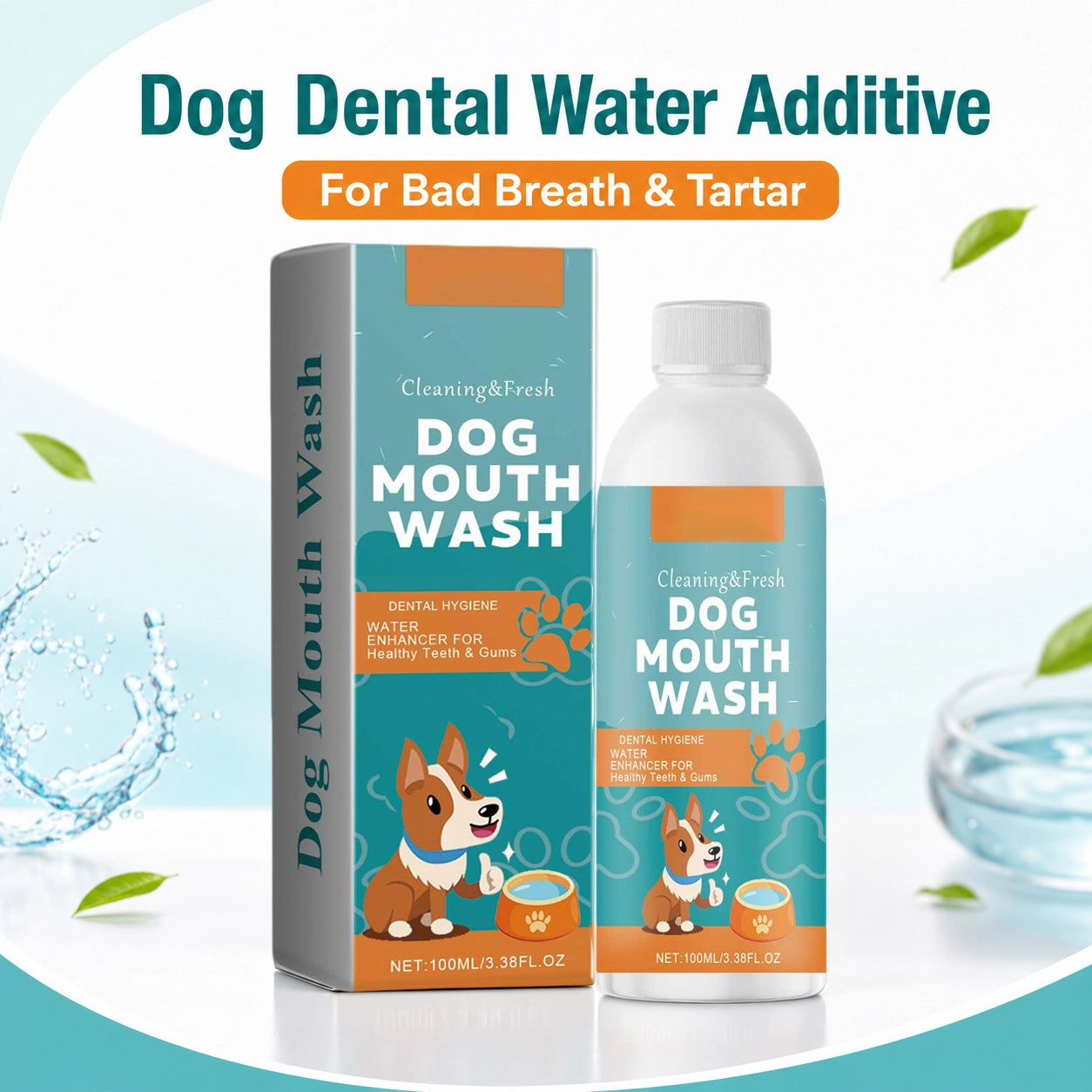 Dog dental water additive for bad breath and tartar control product packaging image