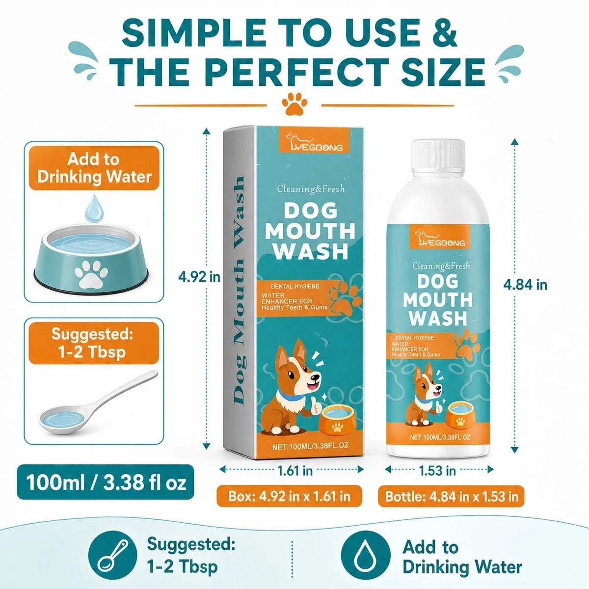 Dog dental water additive bottle dimensions and suggested serving guide