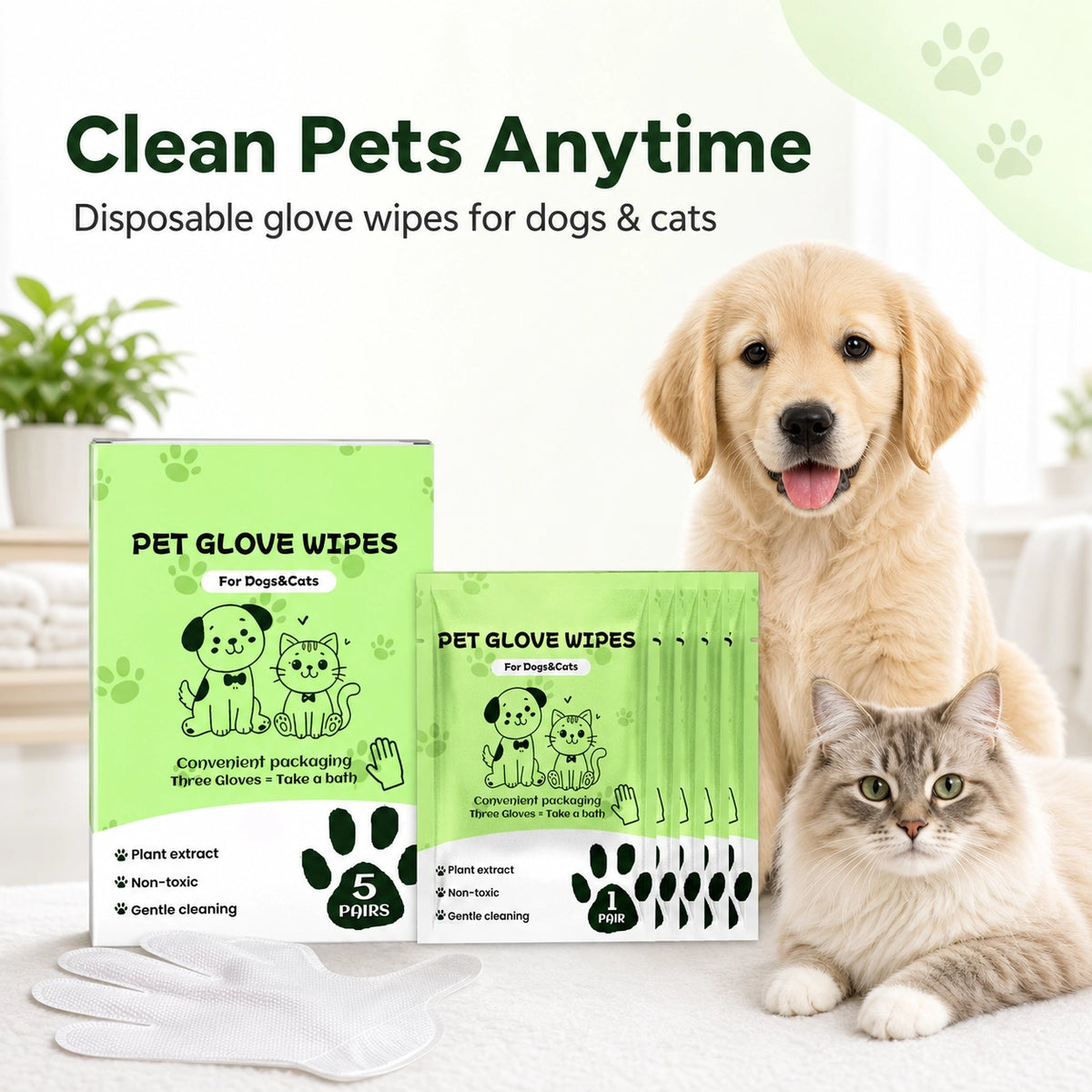 Pet cleaning glove wipes for dogs and cats product packaging image
