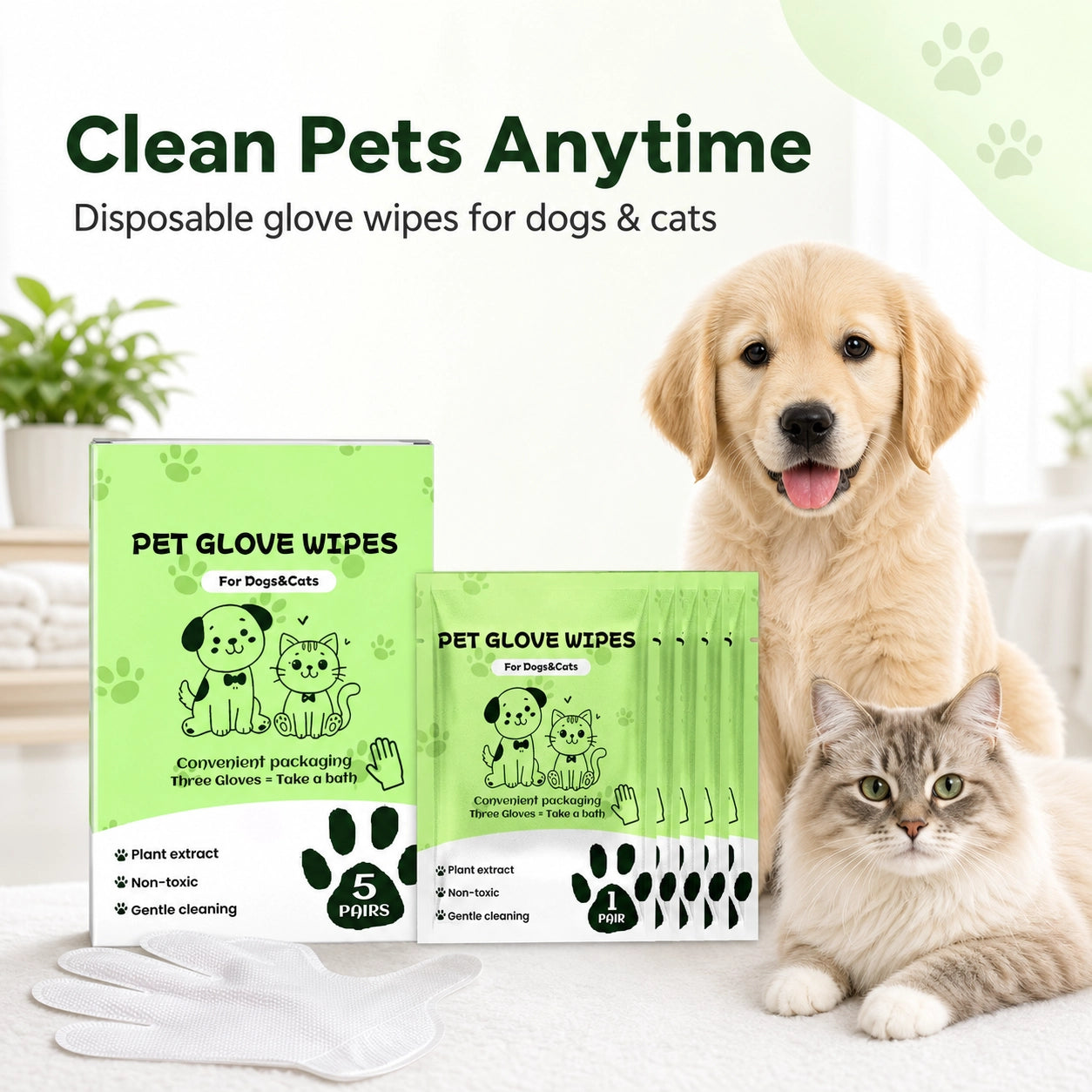 Pet cleaning glove wipes for dogs and cats product packaging image