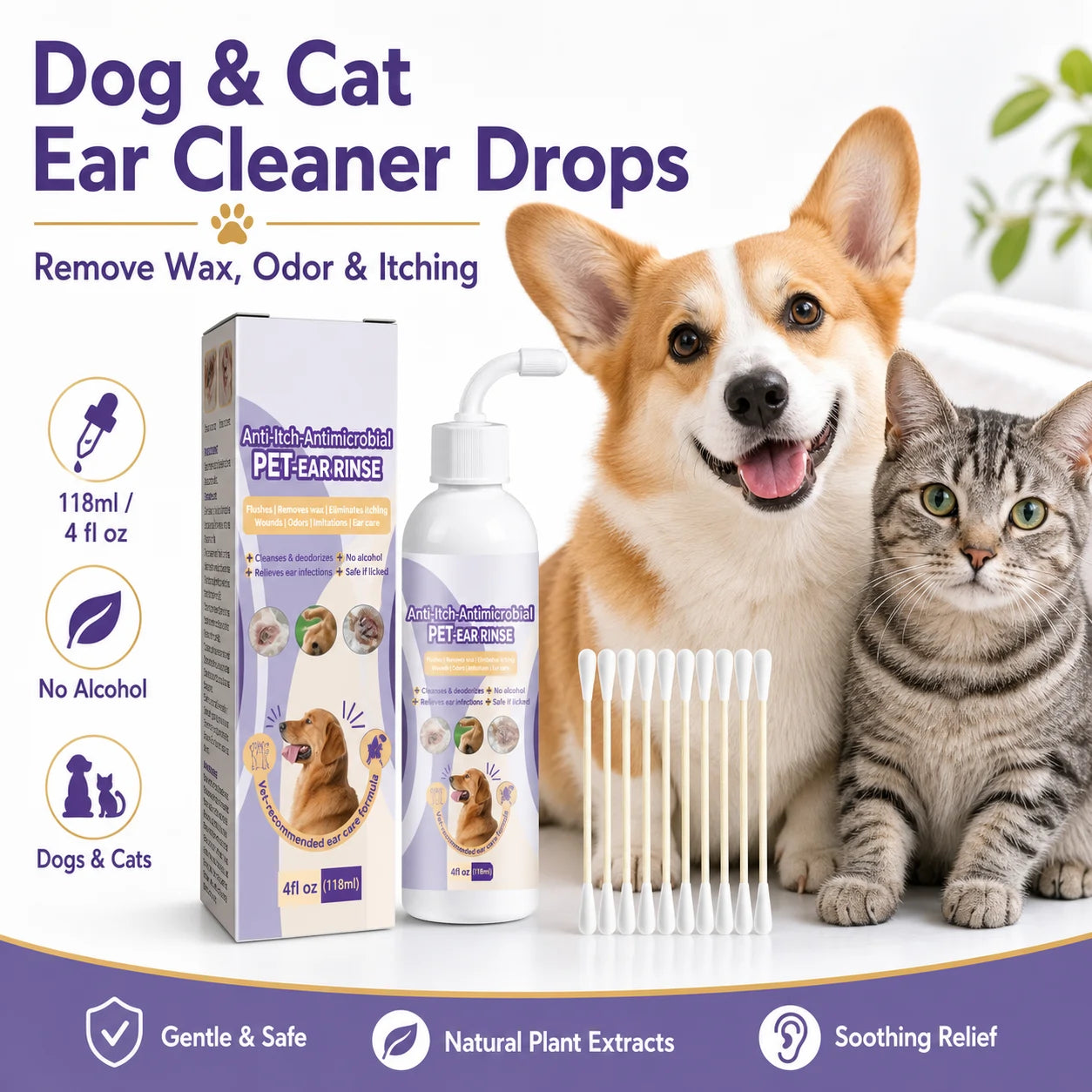 Dog and cat ear cleaner drops for odor and wax product packaging image