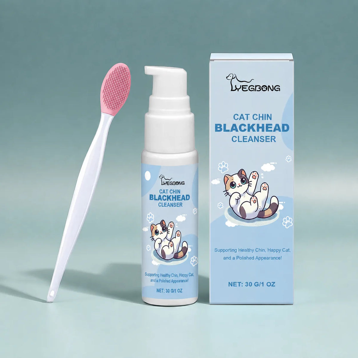 YEGBONG cat chin cleaning kit bottle, box, and silicone brush