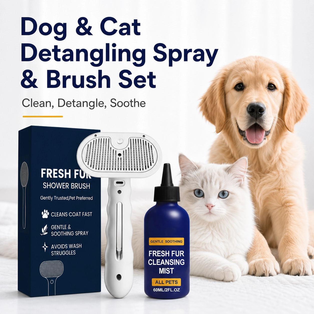 Dog and cat detangling spray and grooming brush set product packaging image