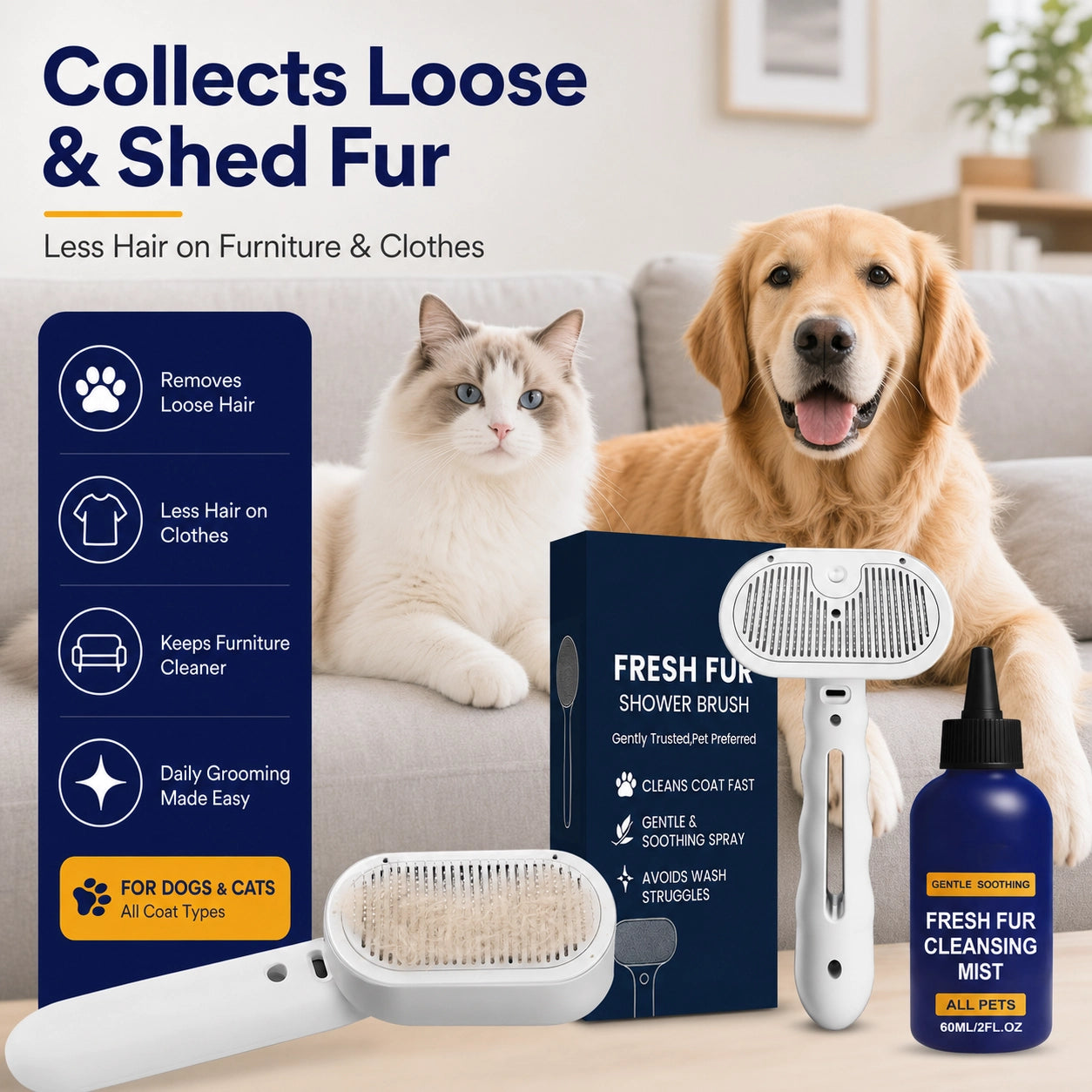 Dog and cat detangling spray and grooming brush set usage image