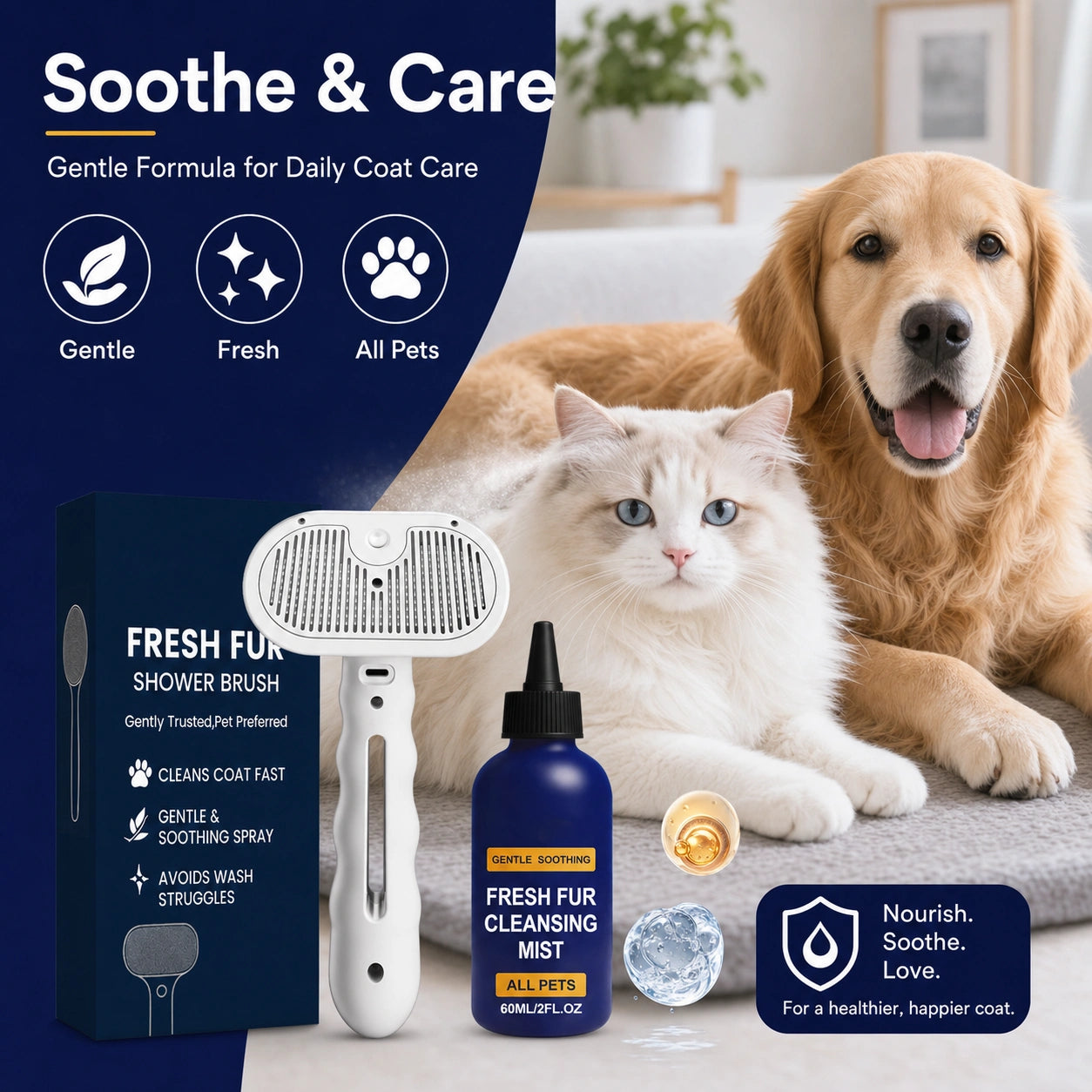 Dog and cat detangling spray and grooming brush set size image