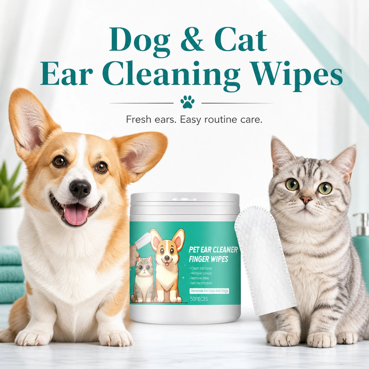Dog and cat ear cleaning wipes for odor and wax product packaging image
