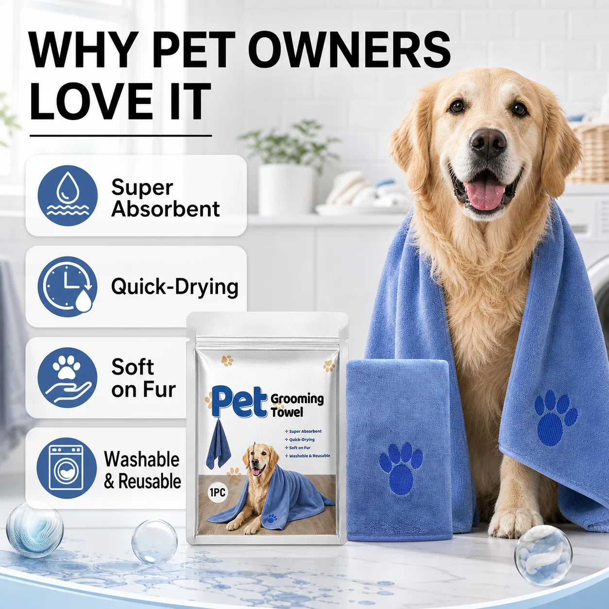 Lightweight microfiber pet towel for home grooming and drying