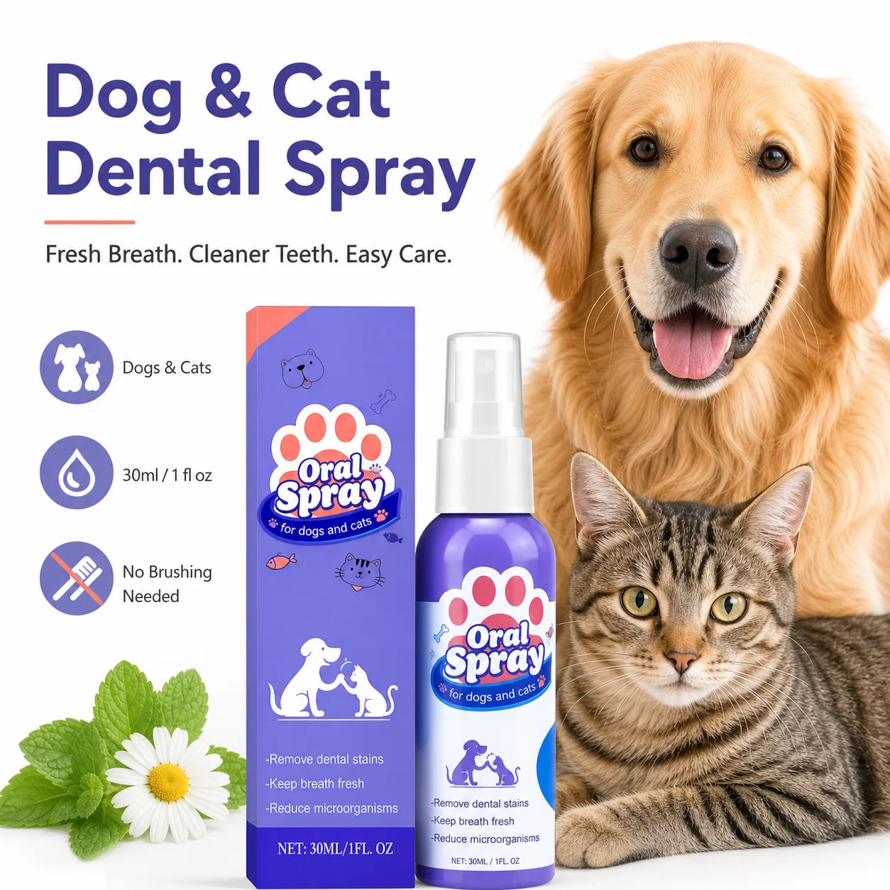 Dog and cat dental spray for fresh breath product packaging image
