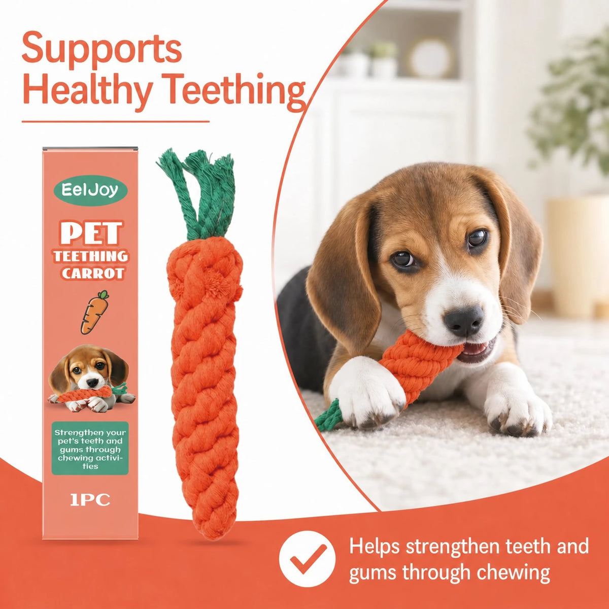 Carrot rope chew toy for puppies and small dogs usage image