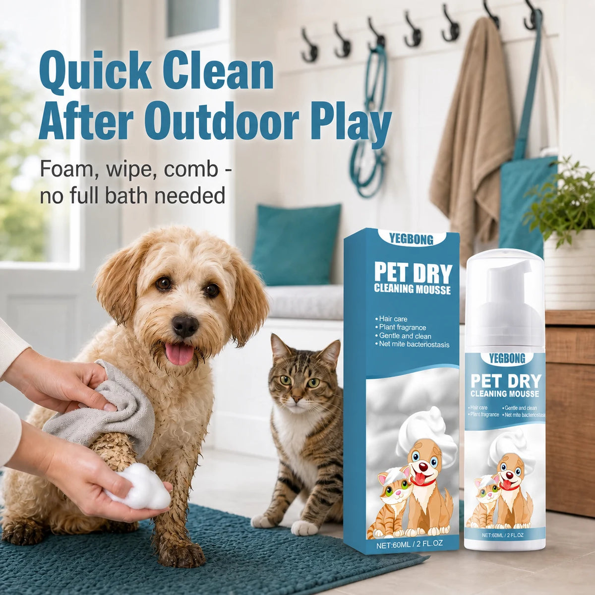 Waterless cleaning mousse being applied to a pet’s coat
