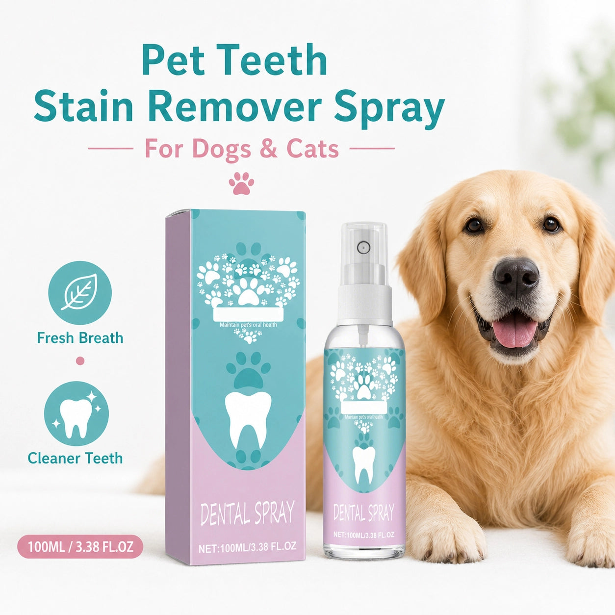 Pet teeth stain remover spray for dogs and cats product packaging image